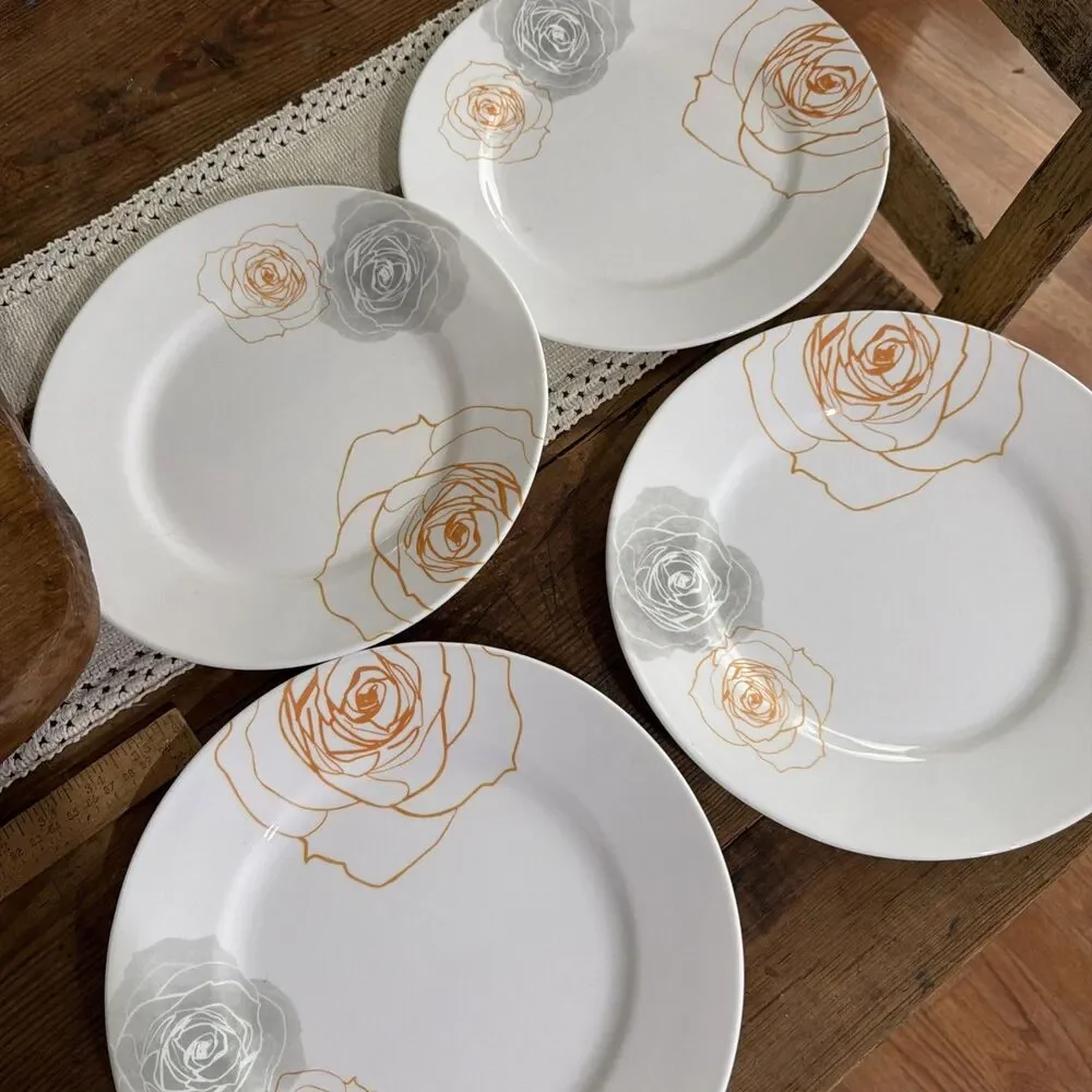 VINTAGE Corelle Dinner Plates SOLEIL ROSE Gray Orange Roses on White 4-Pc Set